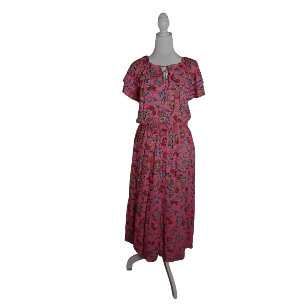 Destination 365 Women's XS Short Sleeve Colorful Floral Tie Neck Maxi Dress